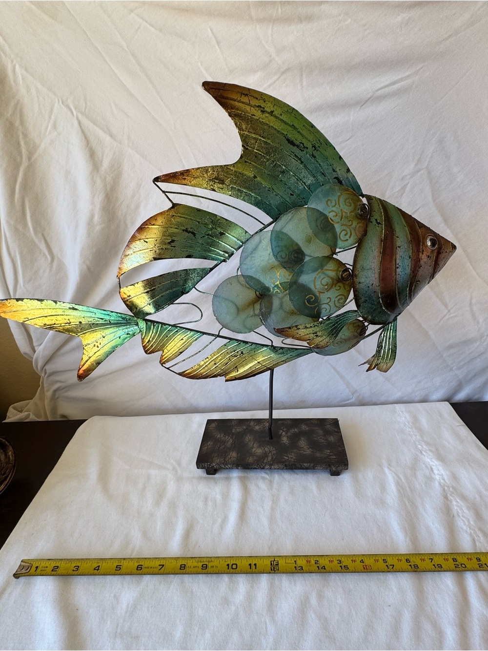 Metal Nautical Fish Sculpture Freestanding Tabletop Decor Green Gold Blue 20in